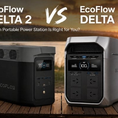 EcoFlow Delta 2 and Delta 3 Plus Portable Power Stations displayed on a camping table beside a lake at sunset during an off-grid outdoor setup.