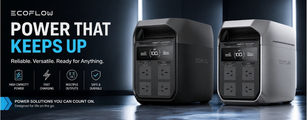 Dark futuristic banner featuring two EcoFlow portable power stations with bold tech-style lighting.