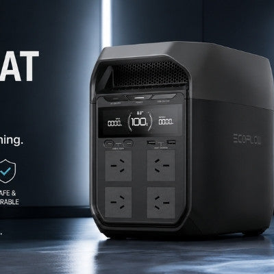 Dark futuristic banner featuring two EcoFlow portable power stations with bold tech-style lighting.