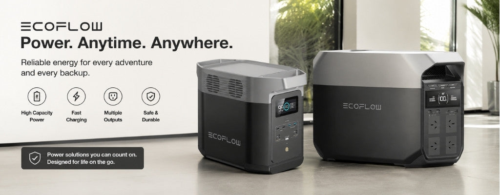 Wide 4K banner featuring two EcoFlow portable power stations in a modern indoor setting with clean lighting, showcasing backup power and portable energy solutions.