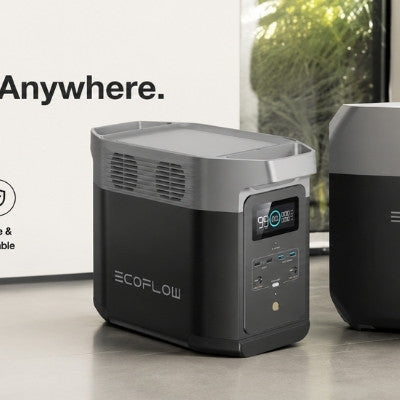 Wide 4K banner featuring two EcoFlow portable power stations in a modern indoor setting with clean lighting, showcasing backup power and portable energy solutions.
