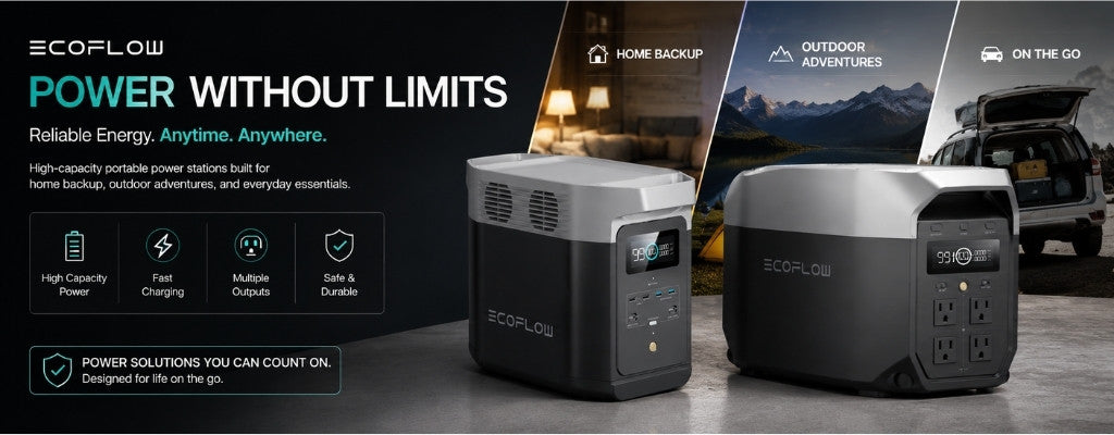 EcoFlow portable power stations banner for home, outdoor, and mobile power use.