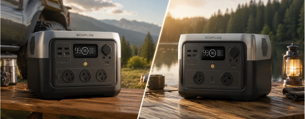Side-by-side comparison of EcoFlow River 2 Max and River 2 Pro portable power stations on camping tables beside a scenic outdoor landscape.