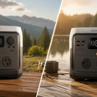 Side-by-side comparison of EcoFlow River 2 Max and River 2 Pro portable power stations on camping tables beside a scenic outdoor landscape.