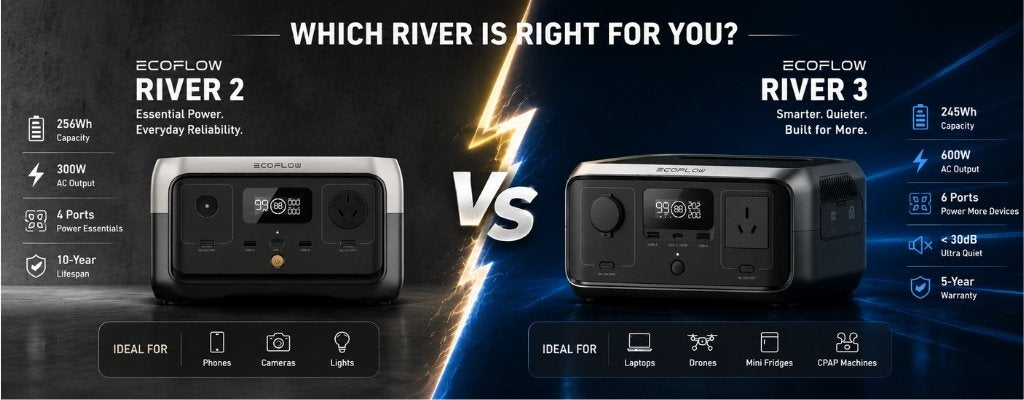 Comparison banner showing EcoFlow River 2 and River 3 portable power stations separated by a lightning bolt.