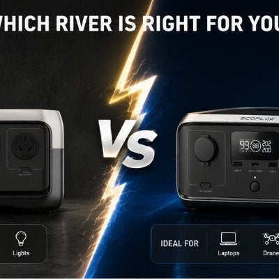 Comparison banner showing EcoFlow River 2 and River 3 portable power stations separated by a lightning bolt.