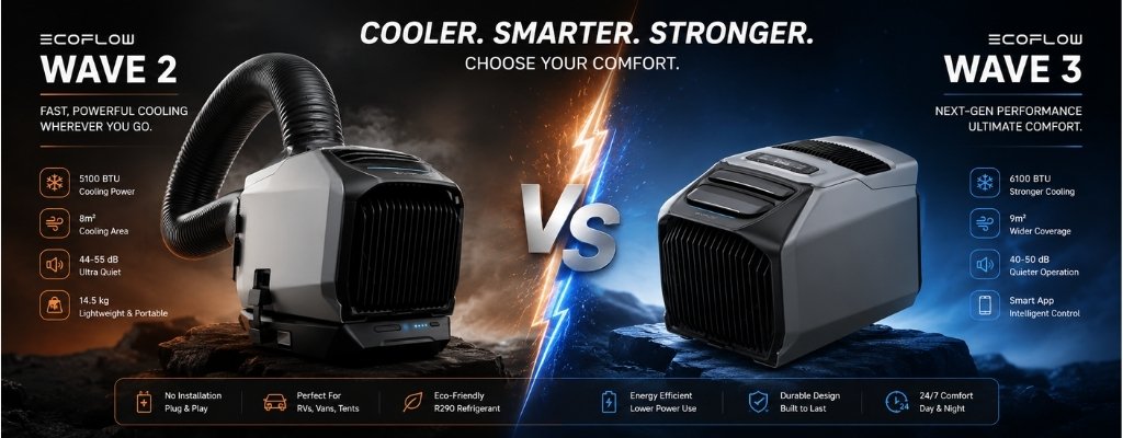 Comparison banner featuring EcoFlow Wave 2 and Wave 3 portable air conditioners separated by a lightning bolt.