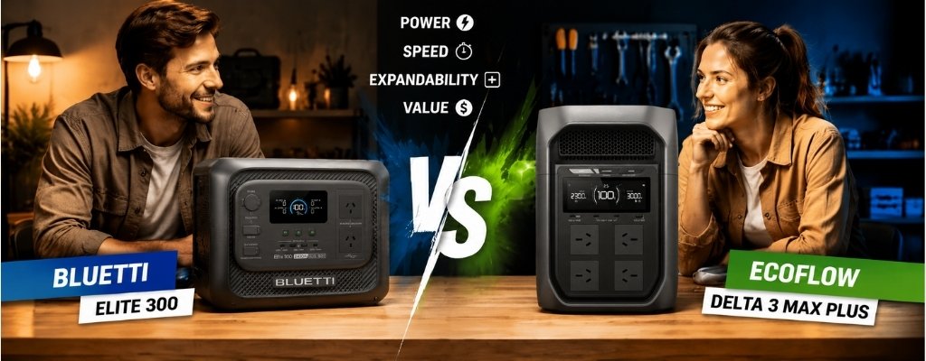 A comparative image of the Bluetti Elite 300 and the Ecoflow Delta 3 Max Plus