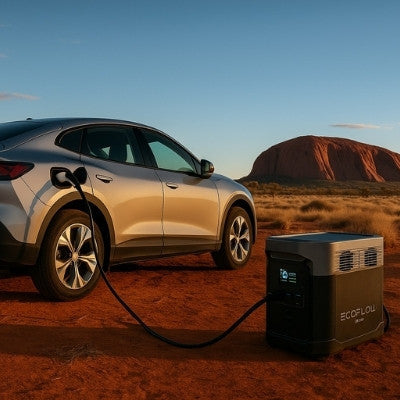 Electric vehicle charging via EcoFlow DELTA Pro in Australian outback