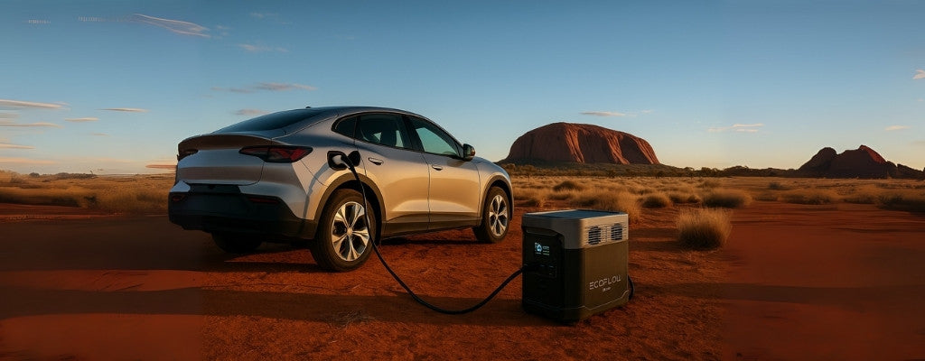 Electric vehicle charging via EcoFlow DELTA Pro in Australian outback