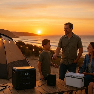 Family camping at Australian coastal site with Bluetti powering gear
