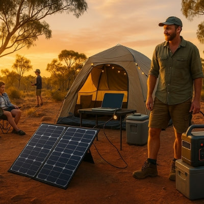 A family camping in the Australian outback using a portable power station and solar panel to power lights, devices, and a remote workstation