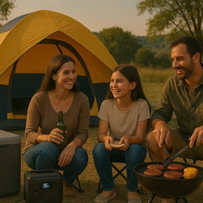 Family camping with portable power station running fridge during barbecue