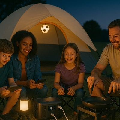Family enjoying night camping with power station lighting and device charging
