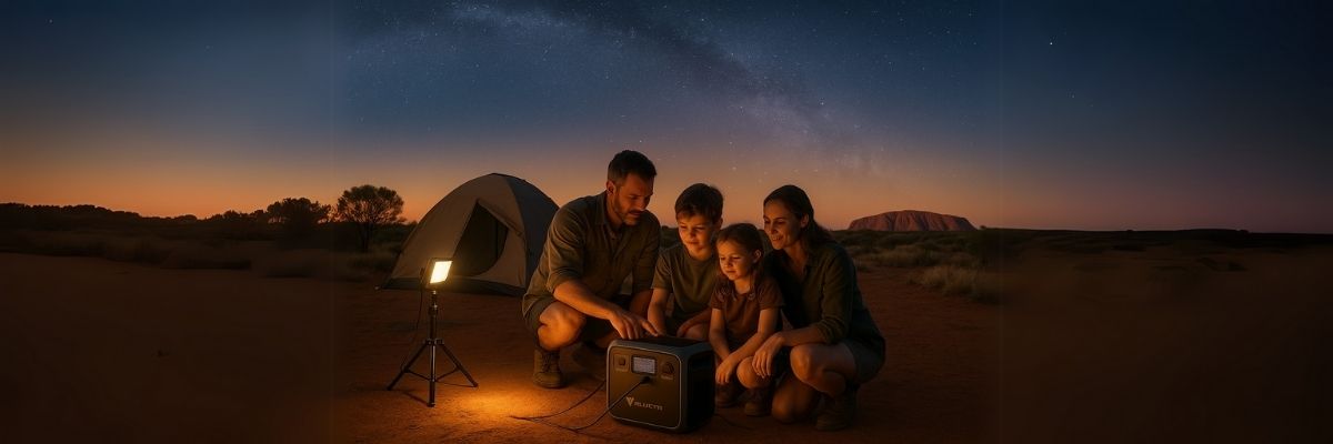 A family checking Bluetti power station at remote Australian campsite
