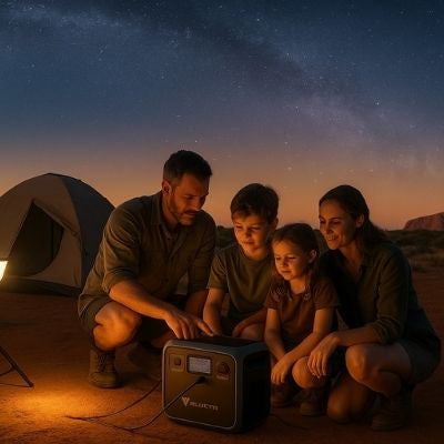 A family checking Bluetti power station at remote Australian campsite