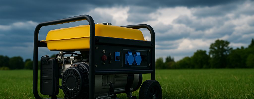 Yellow and black generator on open grassy field under stormy sky