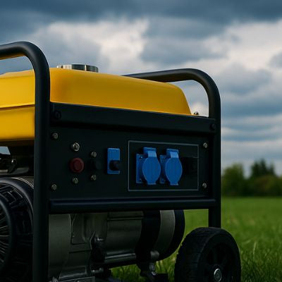 Yellow and black generator on open grassy field under stormy sky