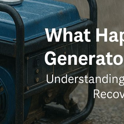 blue portable generator in rain on wet ground with blurred background