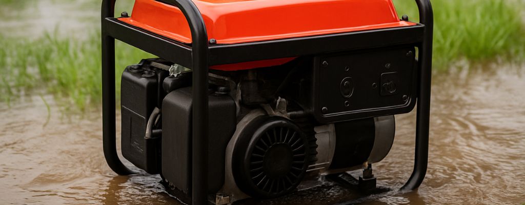 Portable generator partially submerged in floodwater, photographed outdoors for article cover image