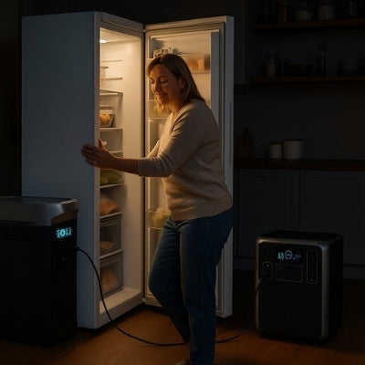 Australian woman checks upright freezer powered by portable generator during blackout
