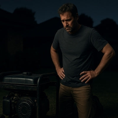 Frustrated man with broken generator during backyard blackout