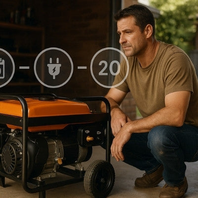 Rugged Aussie man with portable generator, 20-20-20 maintenance overlay