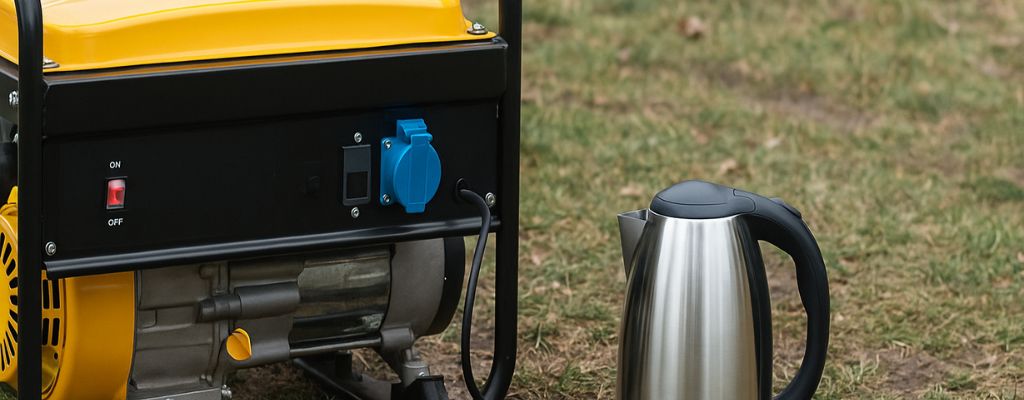 portable generator with electric kettle outdoors on grass