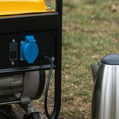 portable generator with electric kettle outdoors on grass
