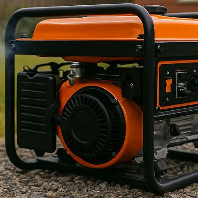 Portable generator running on gravel in a backyard near a brick house