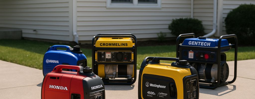 Multiple branded portable generators displayed on a suburban driveway in sunlight, with a house and grass in the background.