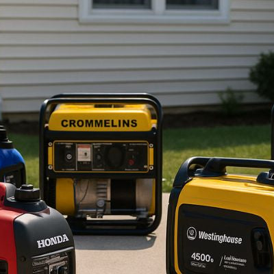 Multiple branded portable generators displayed on a suburban driveway in sunlight, with a house and grass in the background.