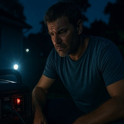 Rugged Australian man checks generator breaker during blackout