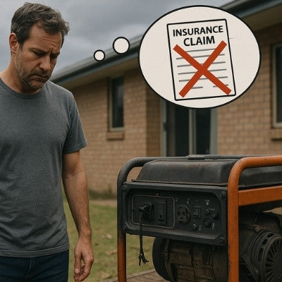 Rugged man inspecting burnt out generator backyard insurance regret