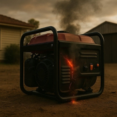 Outdoor generator with glowing crack smoke and sparks in Australian backyard