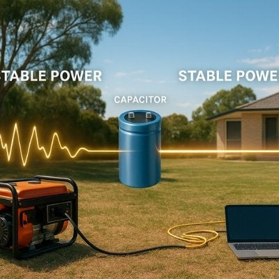 Generator capacitor turning unstable jagged power into smooth stable flow