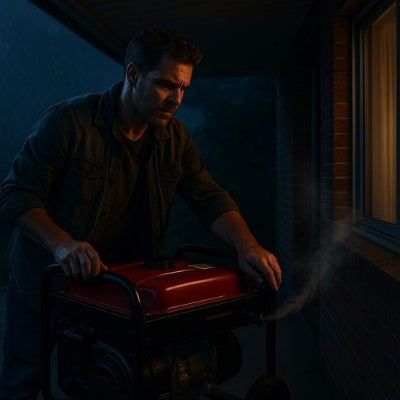 Rugged Australian man setting generator too close to window at night