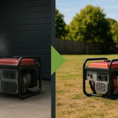 Split-screen showing portable generator running dangerously in garage with fumes versus safely placed outdoors in open Australian backyard