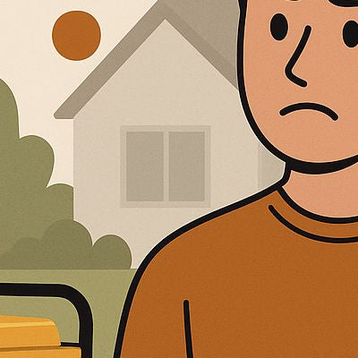 Illustration of a confused man standing next to a plugged-in generator outside a suburban house, with no text or labels visible.