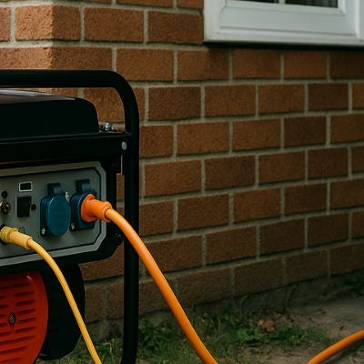 Portable generator powering a brick house with extension cords during the day.