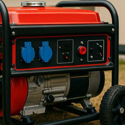 Portable and standby generators displayed outdoors near a suburban home