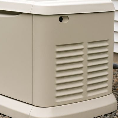 Standby generator on a gravel bed beside a house wall with electrical connection