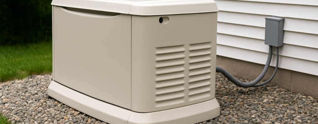 Standby generator on a gravel bed beside a house wall with electrical connection