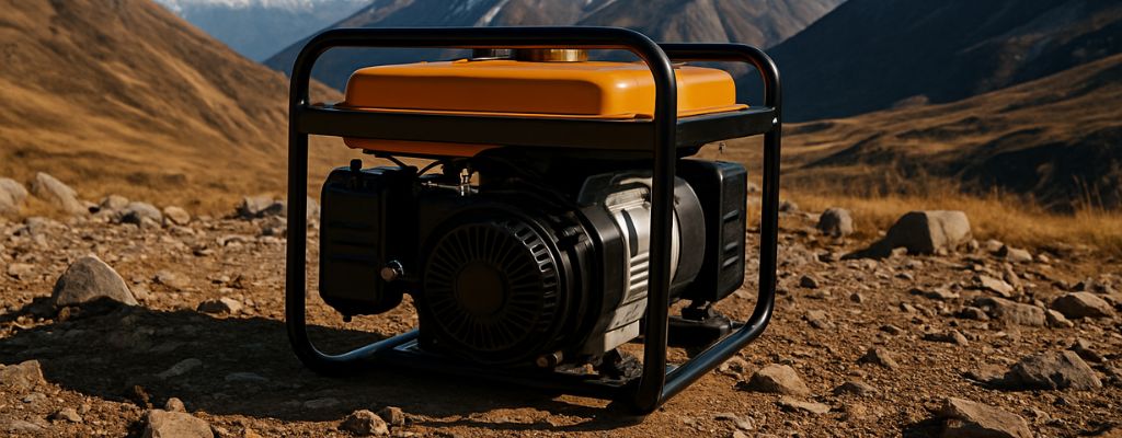 Portable generator on rocky terrain with snow-capped mountains and a valley in the background.