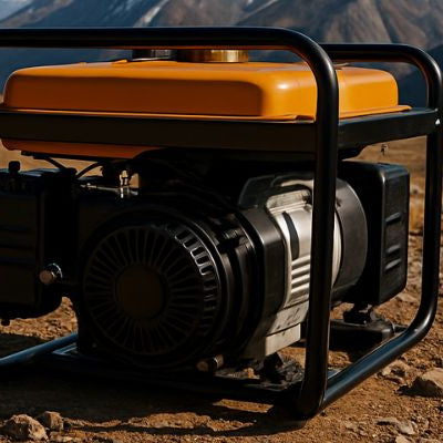 Portable generator on rocky terrain with snow-capped mountains and a valley in the background.