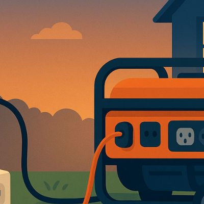 Portable generator outside a suburban home at dusk powering lights through extension cords