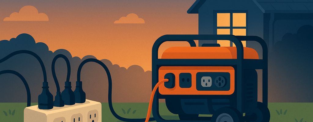 Portable generator outside a suburban home at dusk powering lights through extension cords