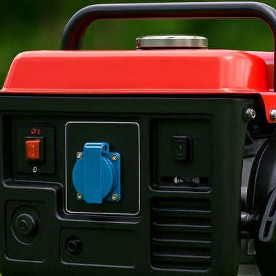 A compact red-and-black portable generator placed on lush green grass with soft-focus trees in the background, ideal for a clean cover image.