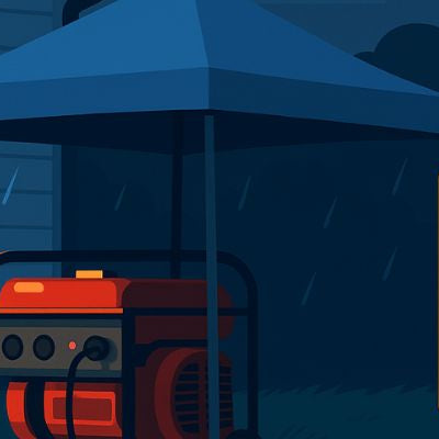 Backyard at night with a red portable generator running under a canopy beside a home, with a “Generator in Use” sign visible.