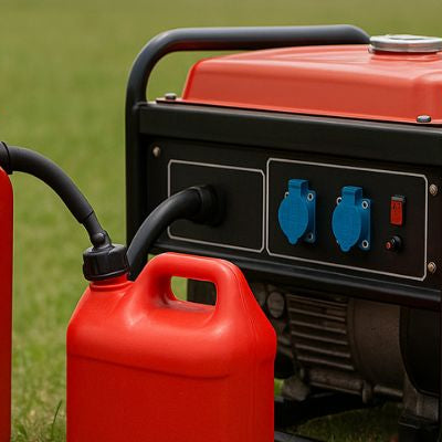 Portable generator with fuel cans connected in the Australian outback, wide panoramic view